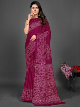 Akhilam - Womens Dola Silk Magenta Printed Designer Saree with Unstitched Blouse
