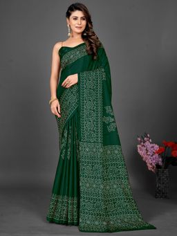 Akhilam - Womens Dola Silk Green Printed Designer Saree with Unstitched Blouse