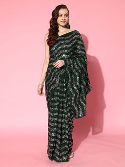 Sareemall - Womens Georgette Green Embellished Designer Saree with Unstitched Blouse