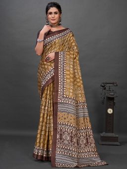 Akhilam - Womens Khadi Silk Mustard Printed Designer Saree with Unstitched Blouse