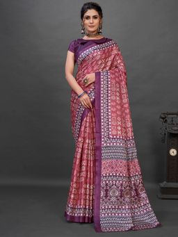 Akhilam - Womens Khadi Silk Pink Printed Designer Saree with Unstitched Blouse