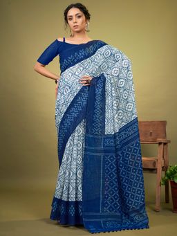 Akhilam - Womens Cotton Blend Blue Printed Designer Saree with Unstitched Blouse