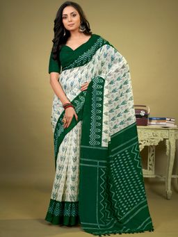 Akhilam - Womens Cotton Blend Green Printed Designer Saree with Unstitched Blouse