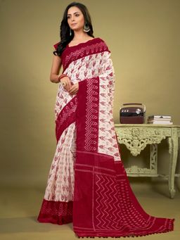 Akhilam - Womens Cotton Blend Red Printed Designer Saree with Unstitched Blouse
