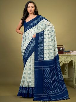 Akhilam - Womens Cotton Blend Blue Printed Designer Saree with Unstitched Blouse