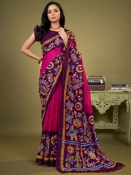 Akhilam - Womens Cotton Blend Magenta Printed Designer Saree with Unstitched Blouse