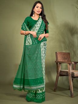 Akhilam - Womens Cotton Blend Light Green Printed Designer Saree with Unstitched Blouse