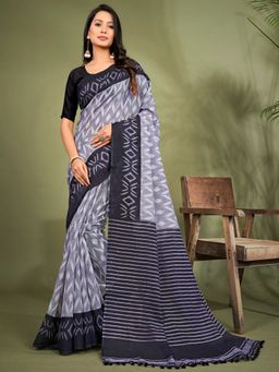 Akhilam - Womens Cotton Blend Grey Printed Designer Saree with Unstitched Blouse