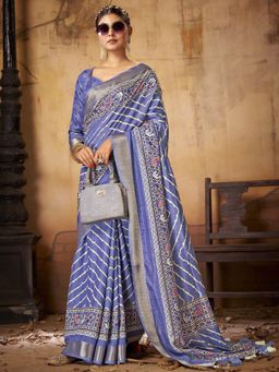 Akhilam - Womens Dola Silk Blue Printed Designer Saree with Unstitched Blouse