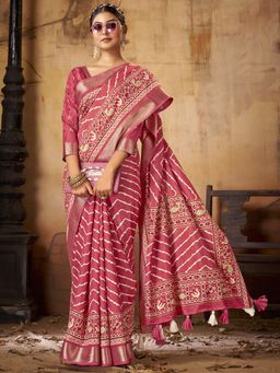 Akhilam - Womens Dola Silk Pink Printed Designer Saree with Unstitched Blouse
