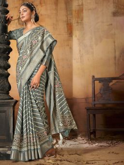 Akhilam - Womens Dola Silk Grey Printed Designer Saree with Unstitched Blouse