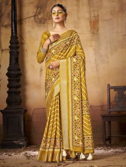 Akhilam - Womens Dola Silk Mustard Printed Designer Saree with Unstitched Blouse