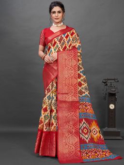 Akhilam - Womens Cotton Blend Beige Printed Designer Saree with Unstitched Blouse