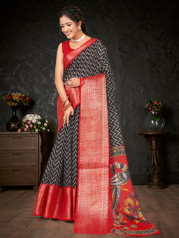 Akhilam - Womens Cotton Blend Black Printed Designer Saree with Unstitched Blouse