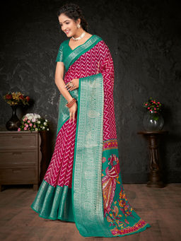 Akhilam - Womens Cotton Blend Pink Printed Designer Saree with Unstitched Blouse