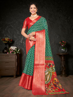 Akhilam - Womens Cotton Blend Green Printed Designer Saree with Unstitched Blouse