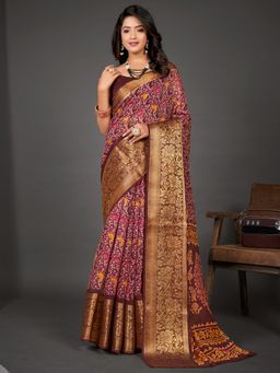 Akhilam - Womens Cotton Blend Brown Printed Designer Saree with Unstitched Blouse