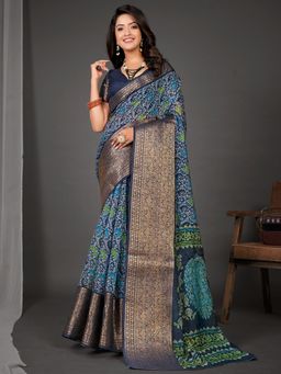 Akhilam - Womens Cotton Blend Grey Printed Designer Saree with Unstitched Blouse