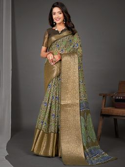 Akhilam - Womens Cotton Blend Olive Printed Designer Saree with Unstitched Blouse