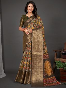 Akhilam - Womens Cotton Blend Olive Printed Designer Saree with Unstitched Blouse