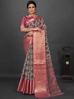Akhilam - Womens Cotton Blend Olive Printed Designer Saree with Unstitched Blouse