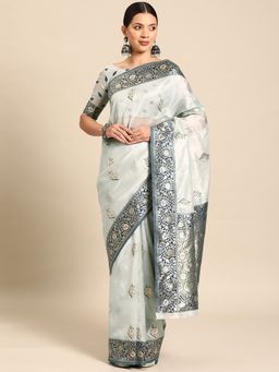 Sareemall - Womens Organza Grey Woven Designer Saree with Unstitched Blouse
