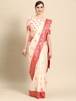 Sareemall - Womens Organza Cream Woven Designer Saree with Unstitched Blouse