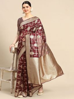 Sareemall - Womens Organza Wine Woven Designer Saree with Unstitched Blouse