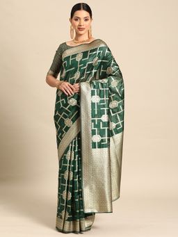 Sareemall - Womens Organza Green Woven Designer Saree with Unstitched Blouse