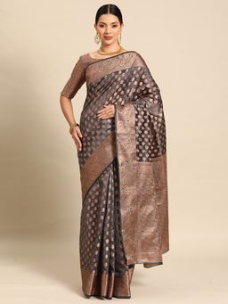 Sareemall - Womens Organza Grey Woven Designer Saree with Unstitched Blouse