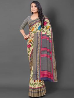 Akhilam - Womens Manipuri Silk Blue Printed Designer Saree with Unstitched Blouse