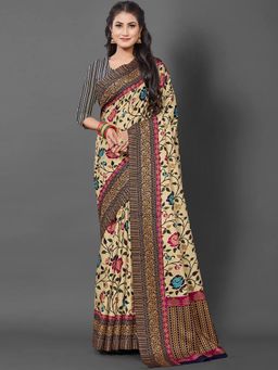 Akhilam - Womens Manipuri Silk Cream Printed Designer Saree with Unstitched Blouse