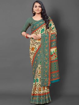 Akhilam - Womens Manipuri Silk Teal Printed Designer Saree with Unstitched Blouse