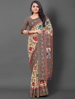 Akhilam - Womens Manipuri Silk Blue Printed Designer Saree with Unstitched Blouse