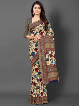 Akhilam - Womens Manipuri Silk Beige Printed Designer Saree with Unstitched Blouse