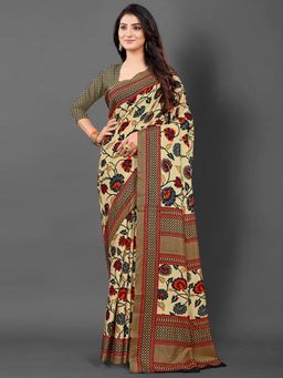 Akhilam - Womens Manipuri Silk Beige Printed Designer Saree with Unstitched Blouse