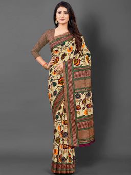 Akhilam - Womens Manipuri Silk Beige Printed Designer Saree with Unstitched Blouse