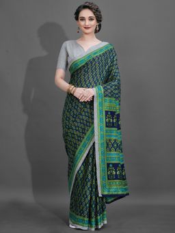 Akhilam - Womens Pashmina Silk Navy Blue Printed Designer Saree with Unstitched Blouse