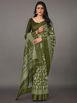 Akhilam - Womens Cotton Blend Olive Printed Designer Saree with Unstitched Blouse