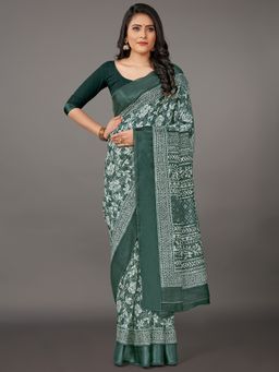 Akhilam - Womens Cotton Blend Sea Green Printed Designer Saree with Unstitched Blouse