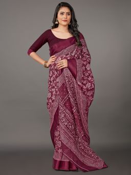 Akhilam - Womens Cotton Blend Magenta Printed Designer Saree with Unstitched Blouse