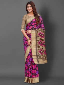 Akhilam - Womens Cotton Blend Black Printed Designer Saree with Unstitched Blouse