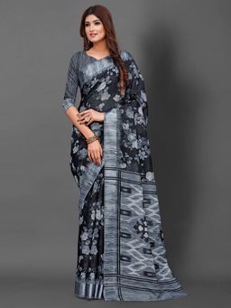 Akhilam - Womens Cotton Blend Grey Printed Designer Saree with Unstitched Blouse