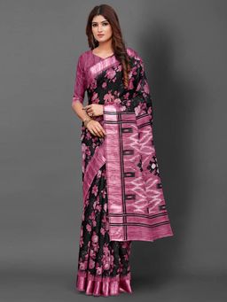 Akhilam - Womens Cotton Blend Pink Printed Designer Saree with Unstitched Blouse