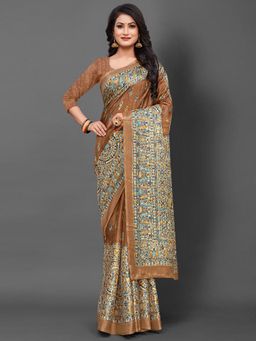 Akhilam - Womens Khadi Silk Camel Brown Printed Designer Saree with Unstitched Blouse