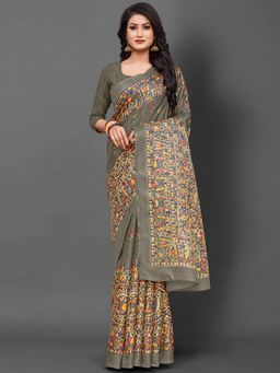 Akhilam - Womens Khadi Silk Grey Printed Designer Saree with Unstitched Blouse
