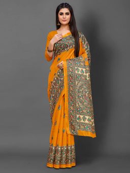 Akhilam - Womens Khadi Silk Yellow Printed Designer Saree with Unstitched Blouse