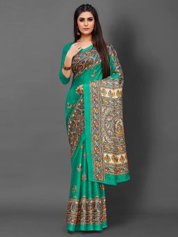 Akhilam - Womens Khadi Silk Sea Green Printed Designer Saree with Unstitched Blouse
