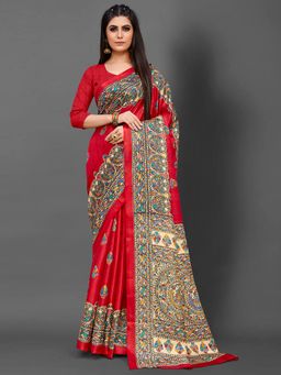 Akhilam - Womens Khadi Silk Red Printed Designer Saree with Unstitched Blouse