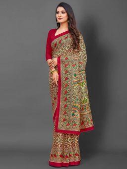 Akhilam - Womens Khadi Silk Red Printed Designer Saree with Unstitched Blouse